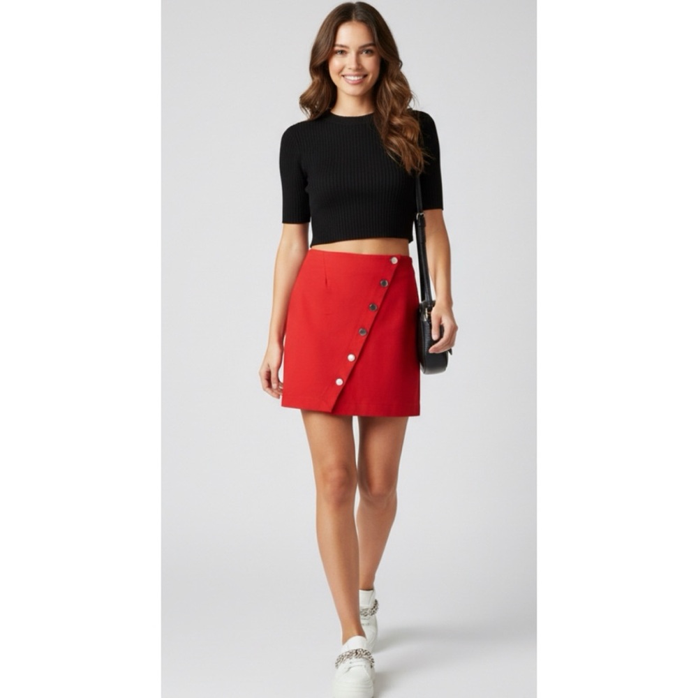 Red Asymmetrical Y2K Mini Skirt with Button Front Size Large Shinestar